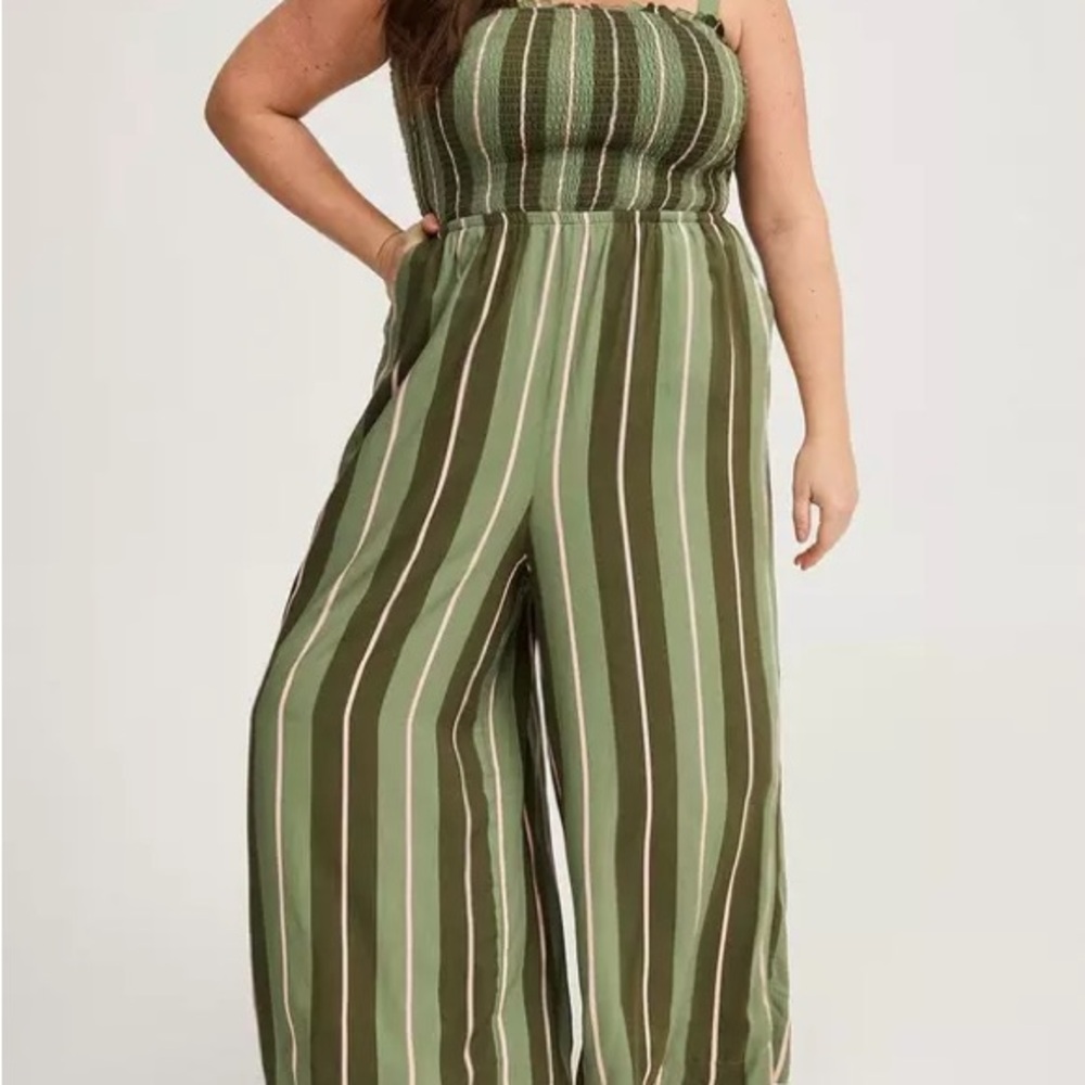 Torrid A-line Maxi Green Striped Wide Leg Jumpsuit
